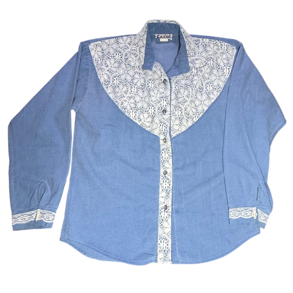 Saisha LTD Denim Lace Western Shirt‎ Blouse Button Up Medium